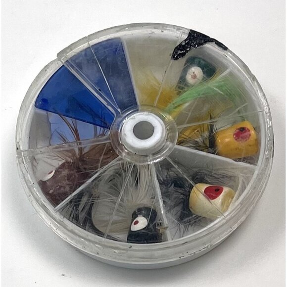 VTG Lot Set 5 Hand Painted Wood Feather Popper Fly FISHING LURES Flies w/ Case - Picture 1 of 3